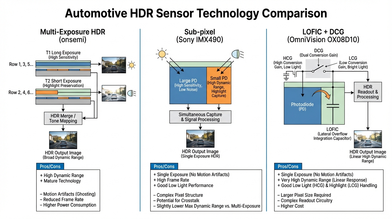 HDR 三种技术路线对比:多曝光合成(onsemi)vs Sub-pixel(Sony)vs LOFIC+DCG(OmniVision)