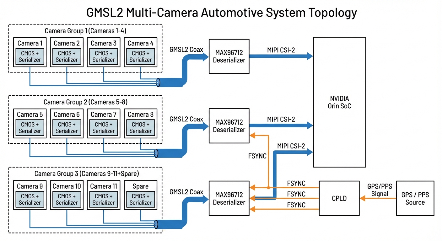 GMSL2 多路相机系统拓扑:3 组相机 × MAX96712 解串器 → Orin SoC,CPLD + GPS/PPS 的 FSYNC 触发链路